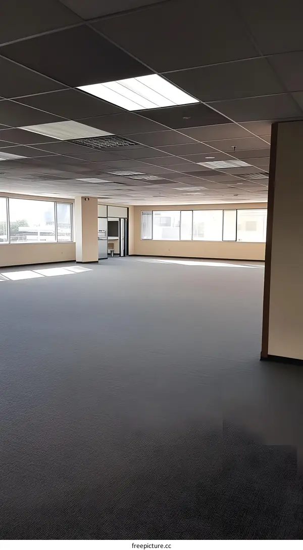 Empty Office Space With Grey Carpet And Ceiling Tiles