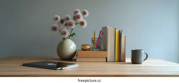 Simple Home Office Desk Setup with Books and Vase