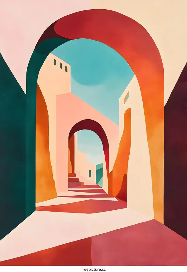 Abstract Colorful Painting of an Archway Leading into a City