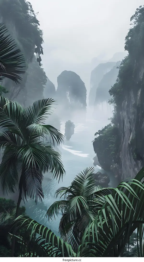 Misty Rainforest Landscape with Lush Palm Trees and Serene Bay
