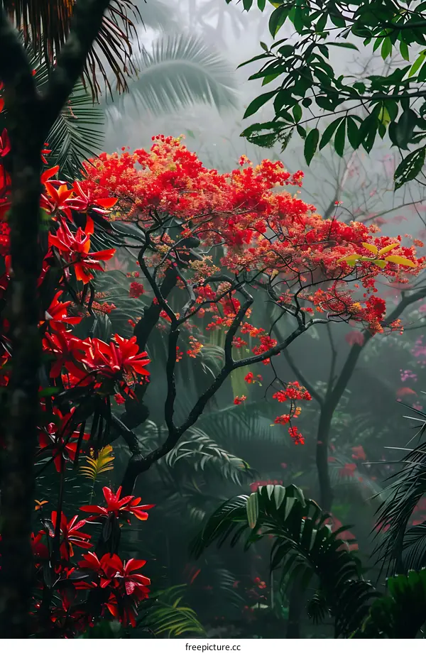 Red Flowers in a Tropical Rainforest