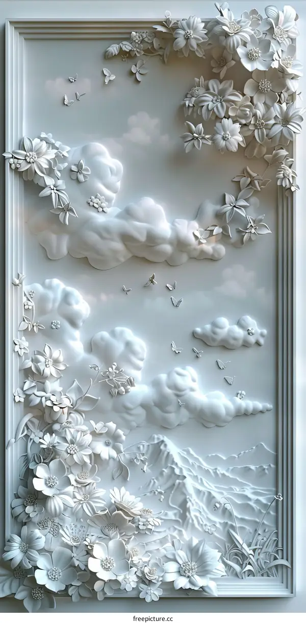 3D white floral and butterfly wall sculpture
