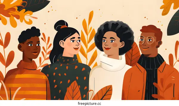 Diverse Group of Friends Standing Together in Autumn Leaves