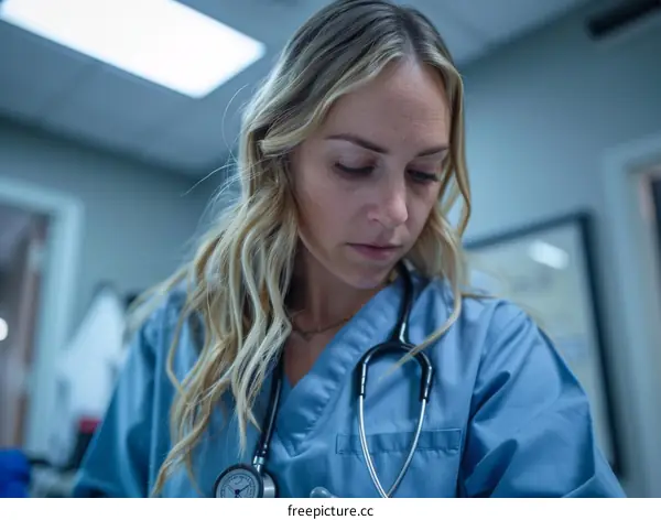 Portrait of a young female doctor or nurse wearing blue scrubs and a stethoscope around her neck