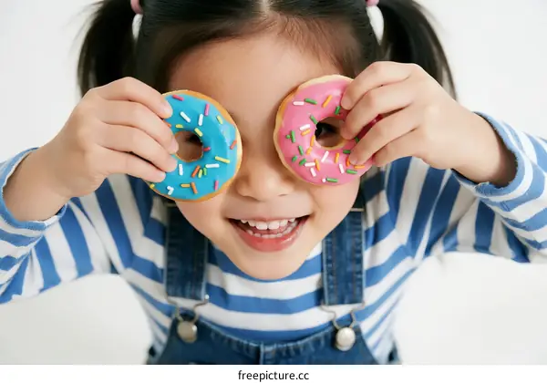 Little girl holding colorful donuts in front of her eyes