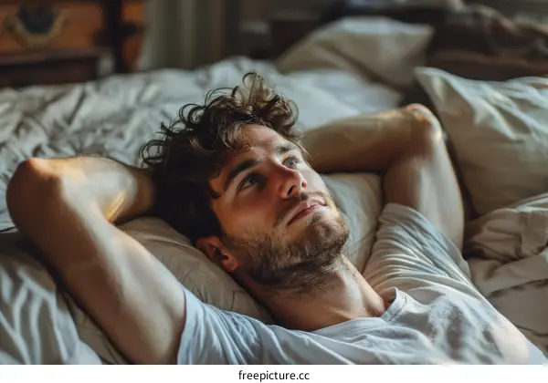 Handsome young man lying in bed and thinking