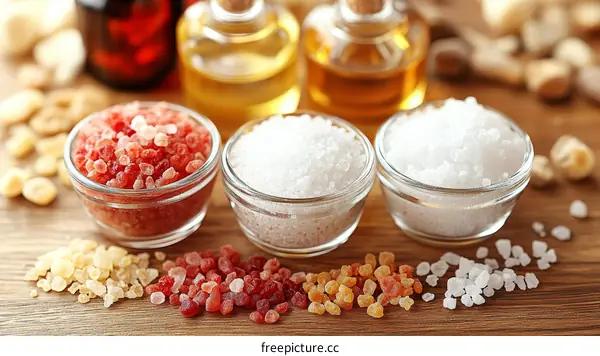 Variety of Colorful Crystals and Salts on Wooden Surface