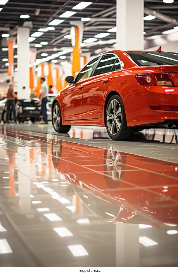 Car showroom with red car in focus