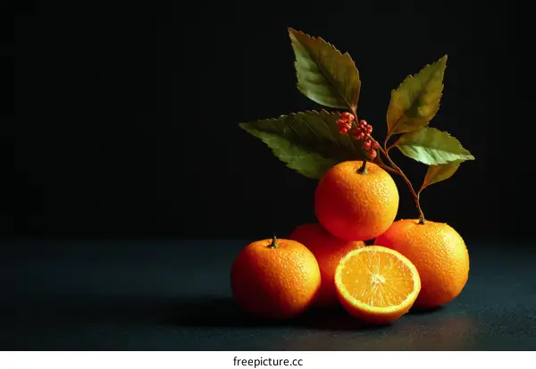 Fresh Oranges and Decorative Branch Still Life