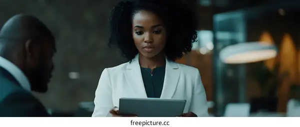 African American Businesswoman Presenting Data on Tablet