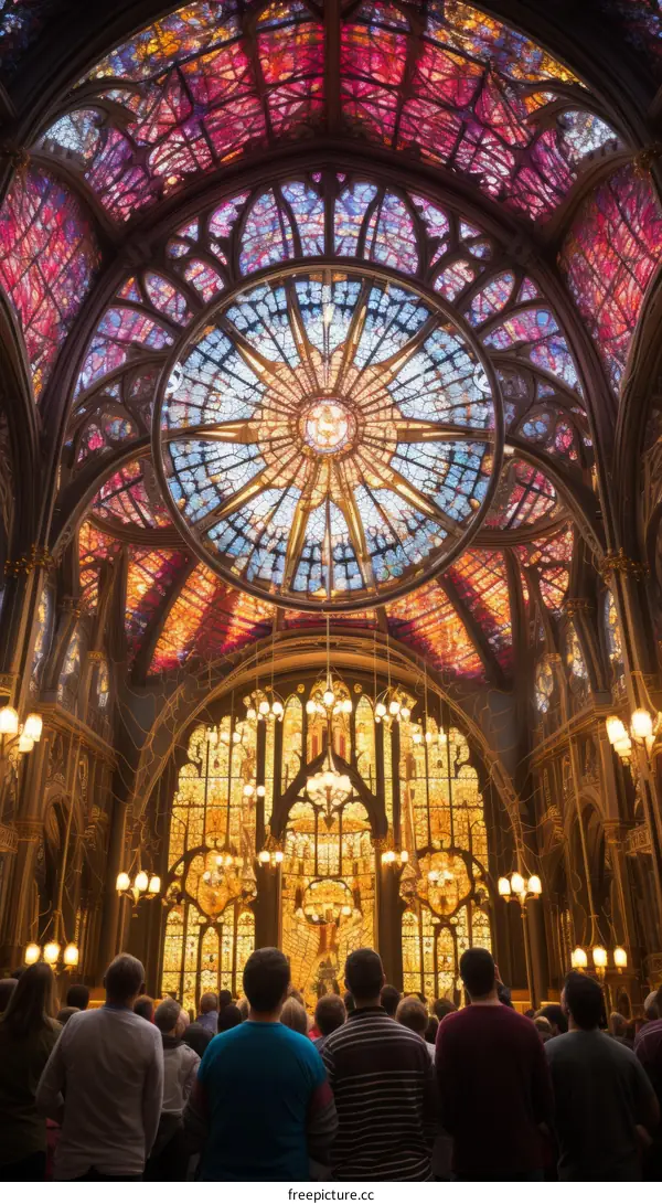 A group of people are looking at a large stained glass window