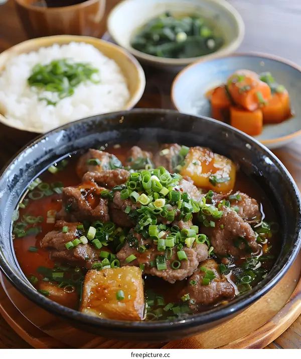 Close Up Of Delicious Stewed Beef With Potato And Green Onions
