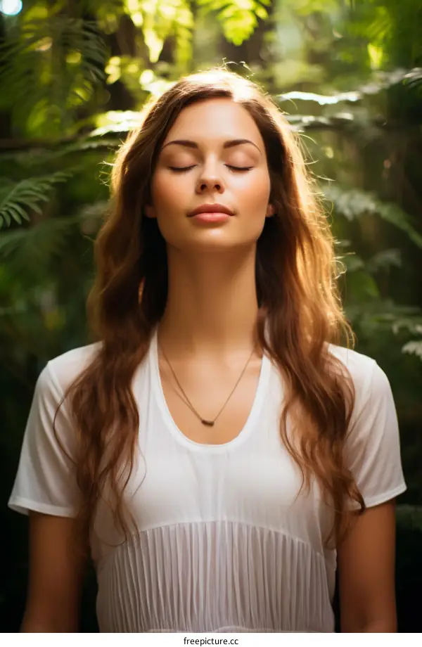 Serene Portrait of a Woman in a White Dress in a Lush Green Forest