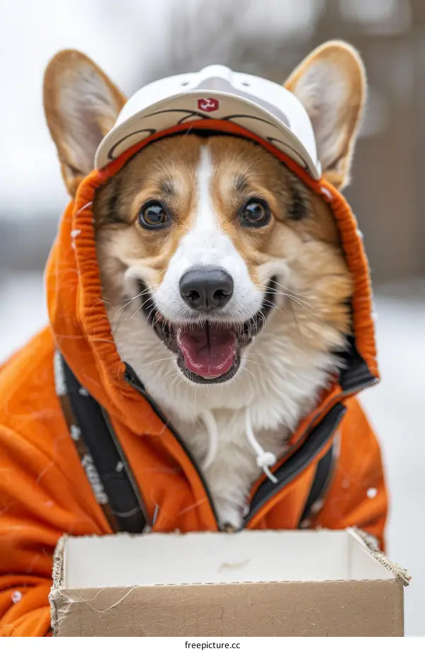 A happy corgi dog wearing an orange hoodie and a cap