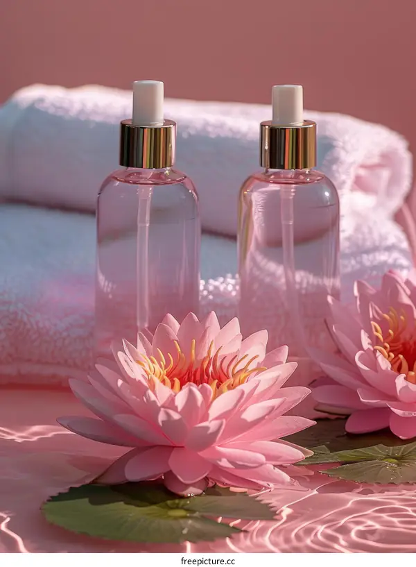 Two bottles of pink liquid with a flower