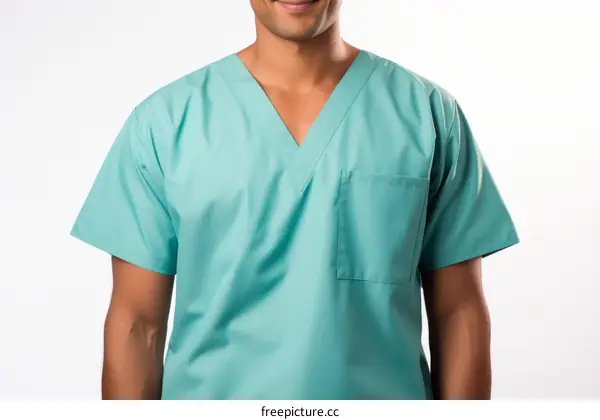 Close-up of a smiling young male doctor in green scrubs