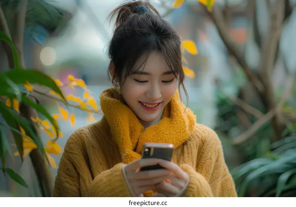 Asian woman smiling while texting on her phone in a garden