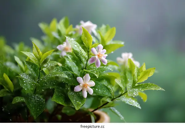 Fresh Blooming Flowers in a Pot with Dew Drops