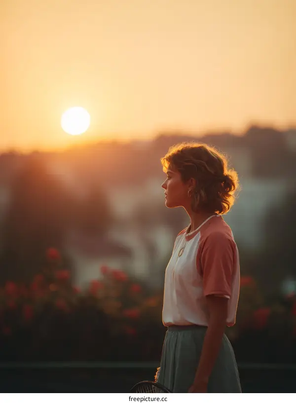 Sunset Sporty Woman Holding Racket