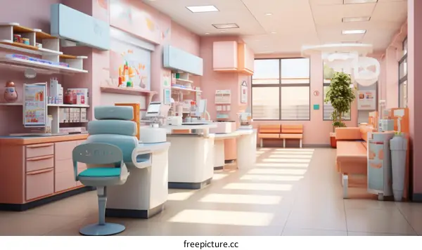 An illustration of a modern and colorful pharmacy