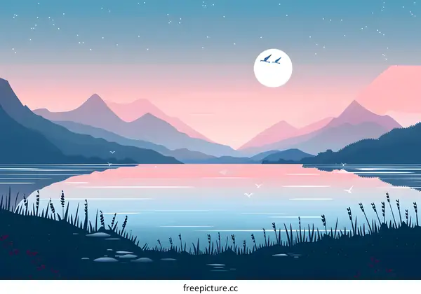 Peaceful Landscape With Mountains, Lake, And Sky