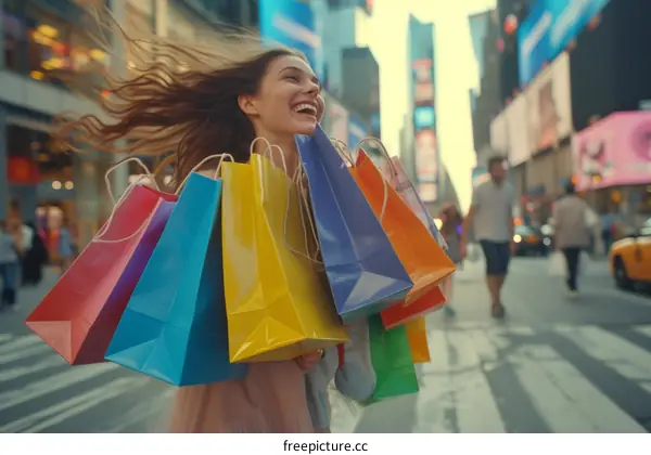Happy woman with shopping bags in Time Square, New York City