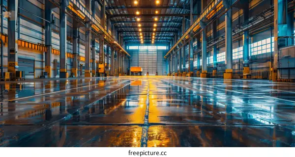 Empty Industrial Warehouse Interior with Reflective Floor
