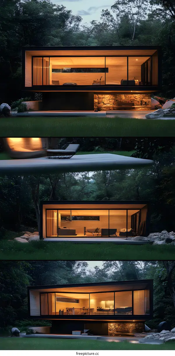 Modern House With Large Windows In The Woods At Night