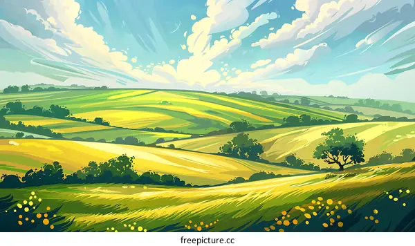 Green Rolling Hills With Blue Sky And White Clouds