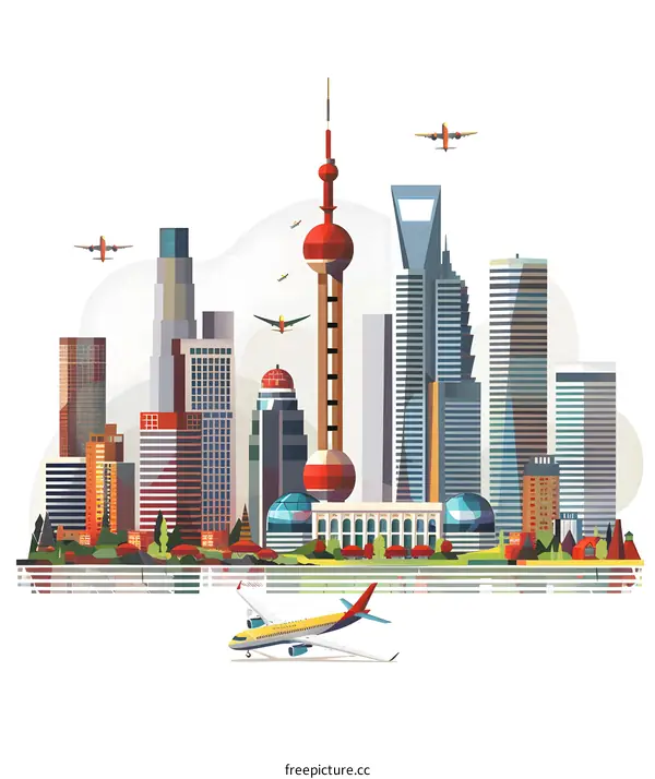 Flat Cityscape Illustration with Skyscrapers and Planes