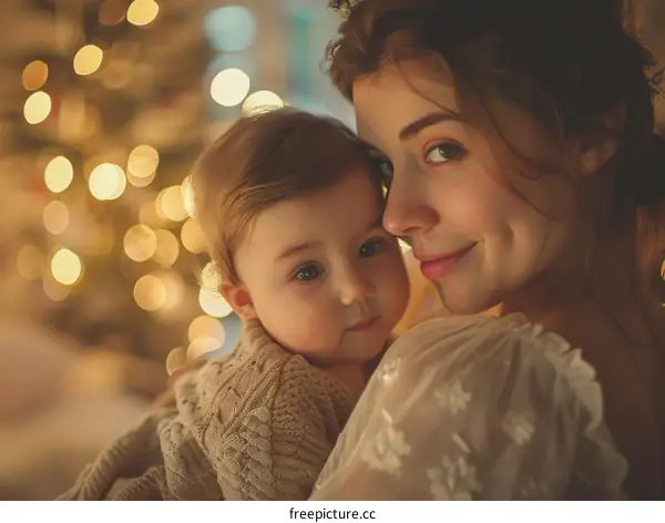 Mother and baby illuminated by warm lights