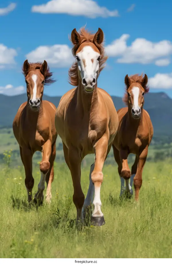 Three Horses Running in a Field