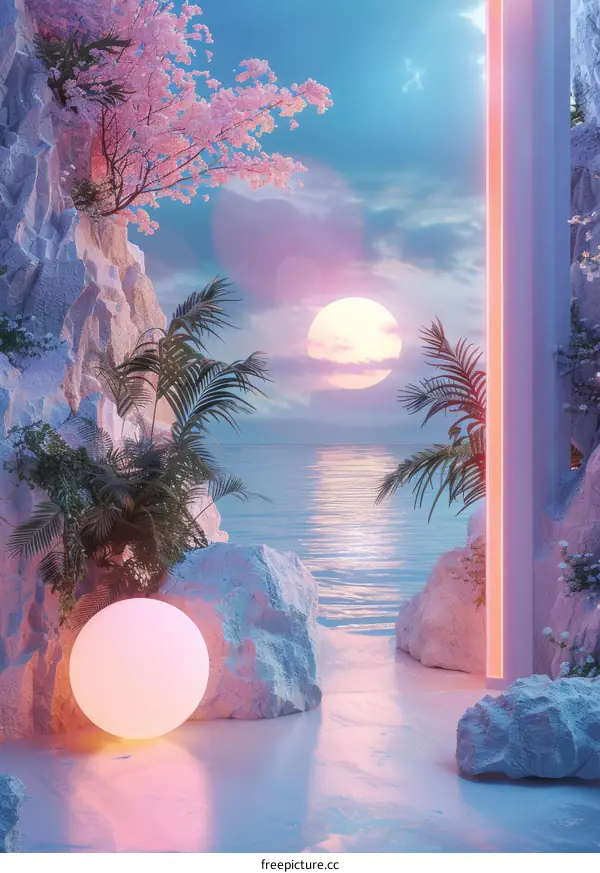 fantasy landscape with pink plants and rocks