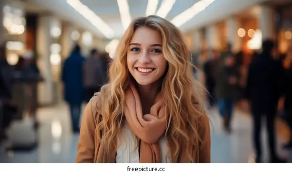 Portrait of a smiling young woman with long blond hair wearing a brown jacket and scarf