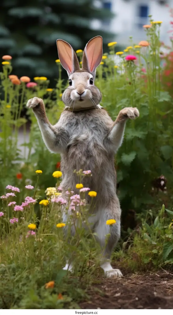 Rabbit standing on its hind legs in a field of flowers