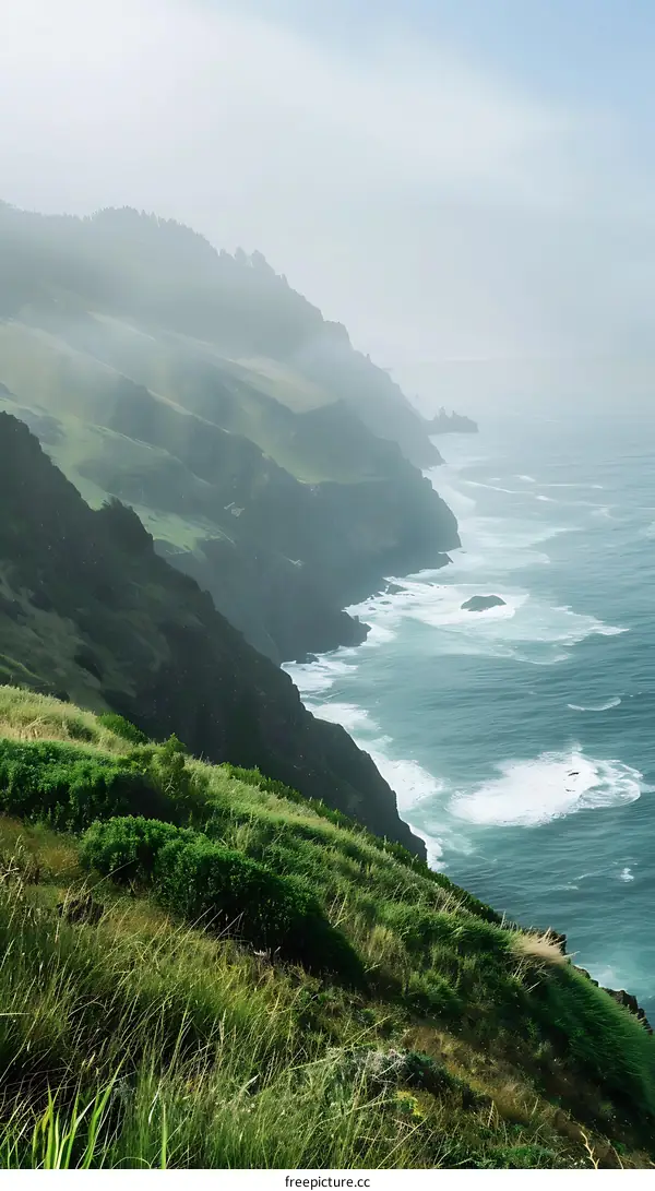 Foggy Coastline with Green Cliffs and Ocean Waves