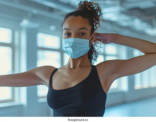 Young woman wearing a surgical mask and a black sports bra