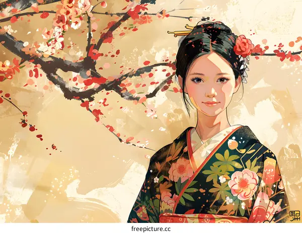 An illustration of a beautiful Japanese woman in a kimono standing in a field of cherry blossoms.