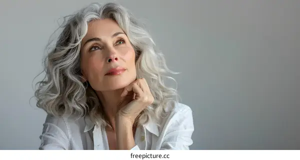 Beautiful Woman with Grey Hair Looking Up