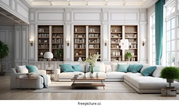 Elegant white living room interior with large windows and a fireplace