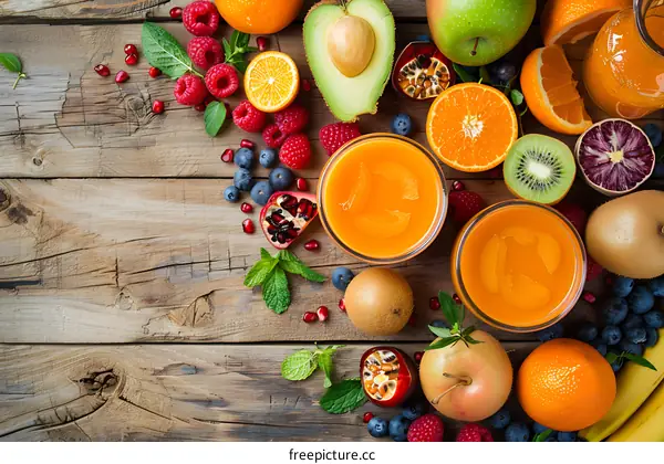 Fresh Fruit and Juice on Rustic Wooden Table