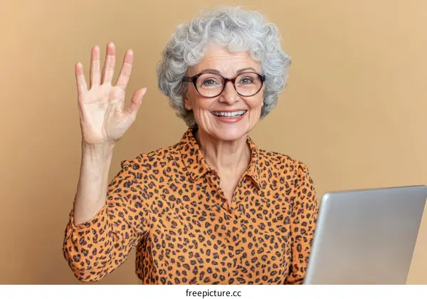 Smiling Senior Woman Waving Hand with Laptop