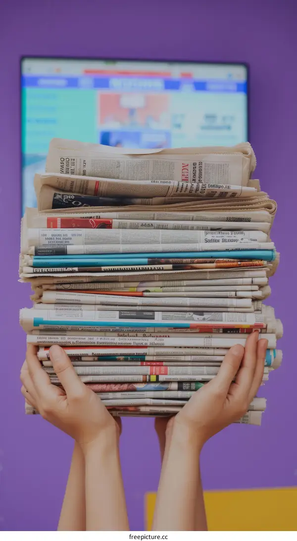 A person holding a stack of newspapers with a television in the background