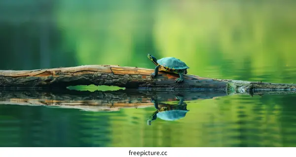 A Green Turtle is Sunbathing on a Log in the Middle of the Lake