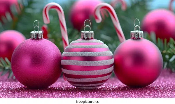 Three Pink Christmas Ornaments with Candy Cane