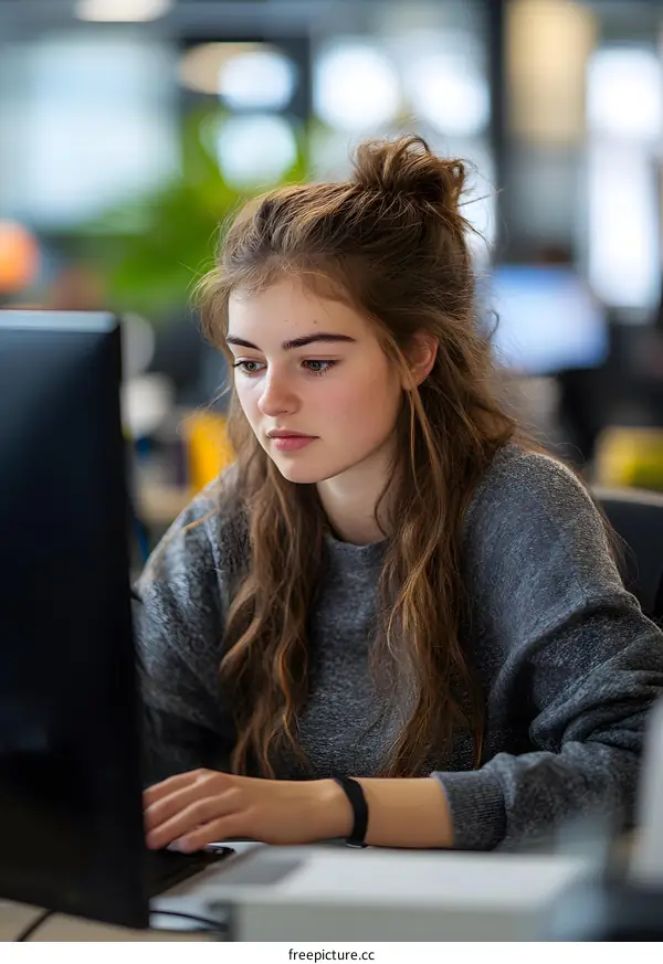 Young Woman Working on Computer at Office Desk
