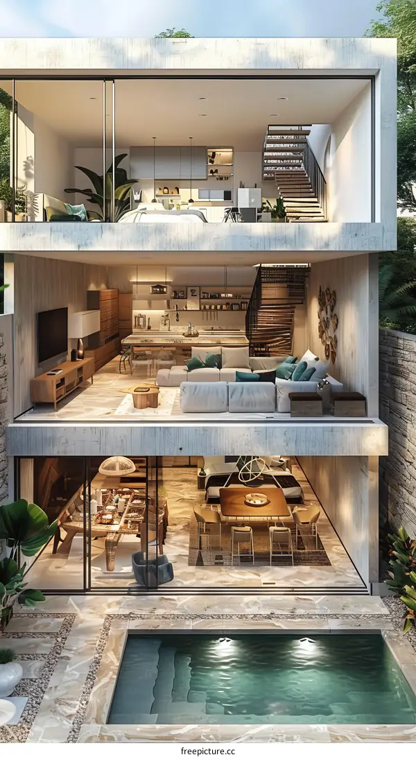 Modern Concrete House Design with Interior Pool