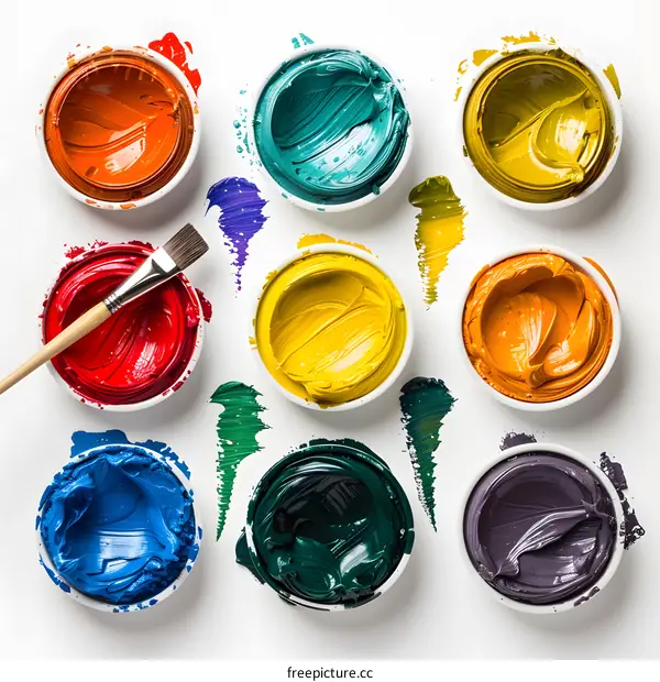 Colorful Paint Pots and Brush on White Background