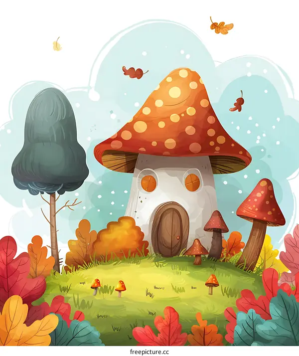 Cartoon Illustration of a Mushroom House in the Forest