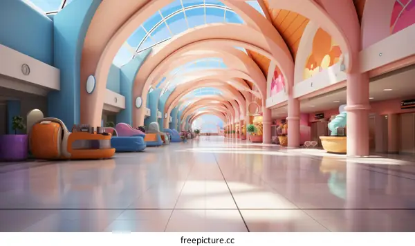 Pastel-colored arched hallway with blue sky